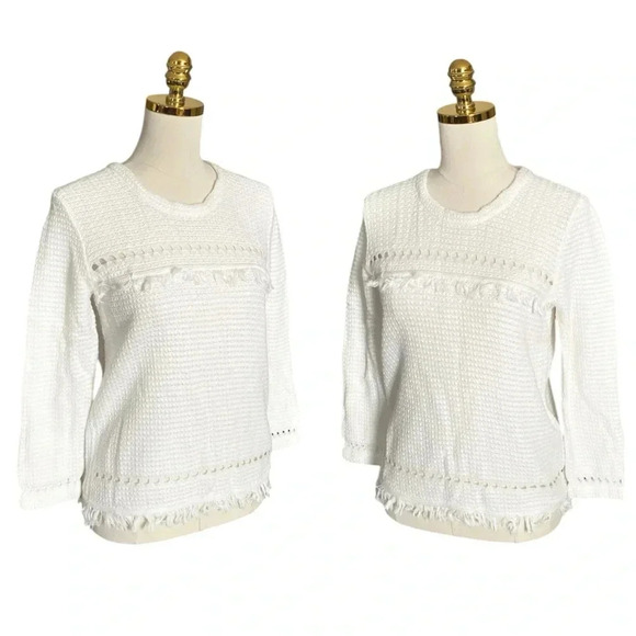 J. CREW | Boho White Cotton Fringe Crewneck Knit Sweater Long Sleeve Size Small - Picture 4 of 10